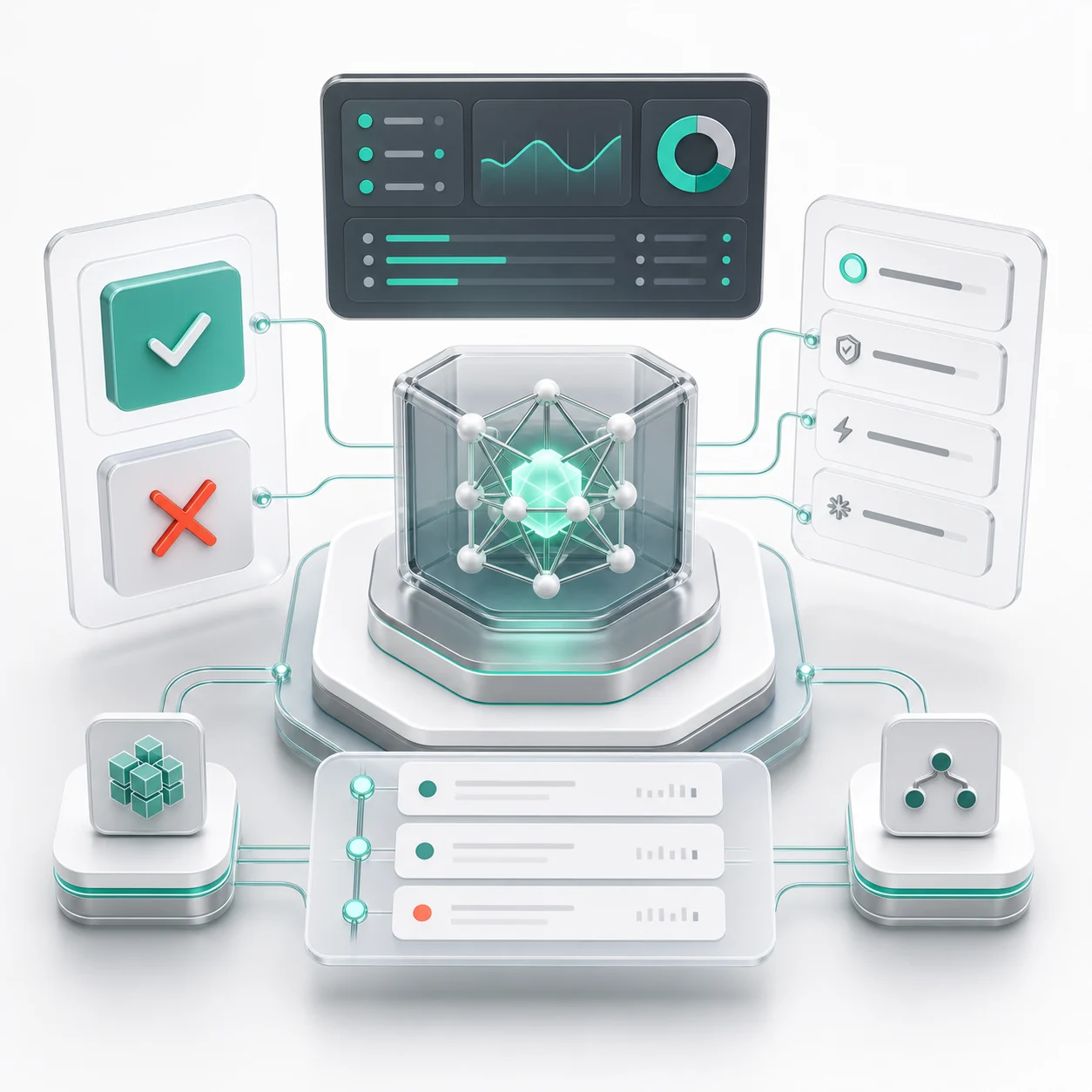 3D AI guardrails command center with safe and blocked decision cards